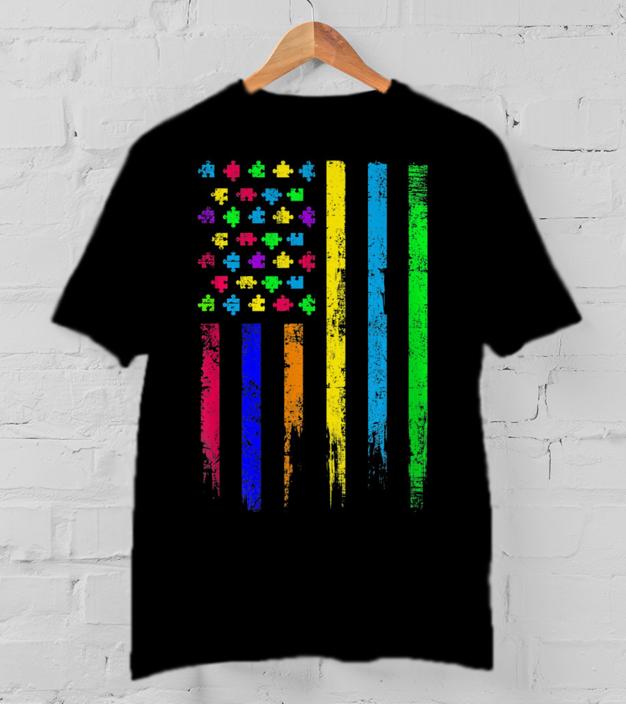 USA Flag Puzzle Pieces Rainbow Stripes T-Shirt