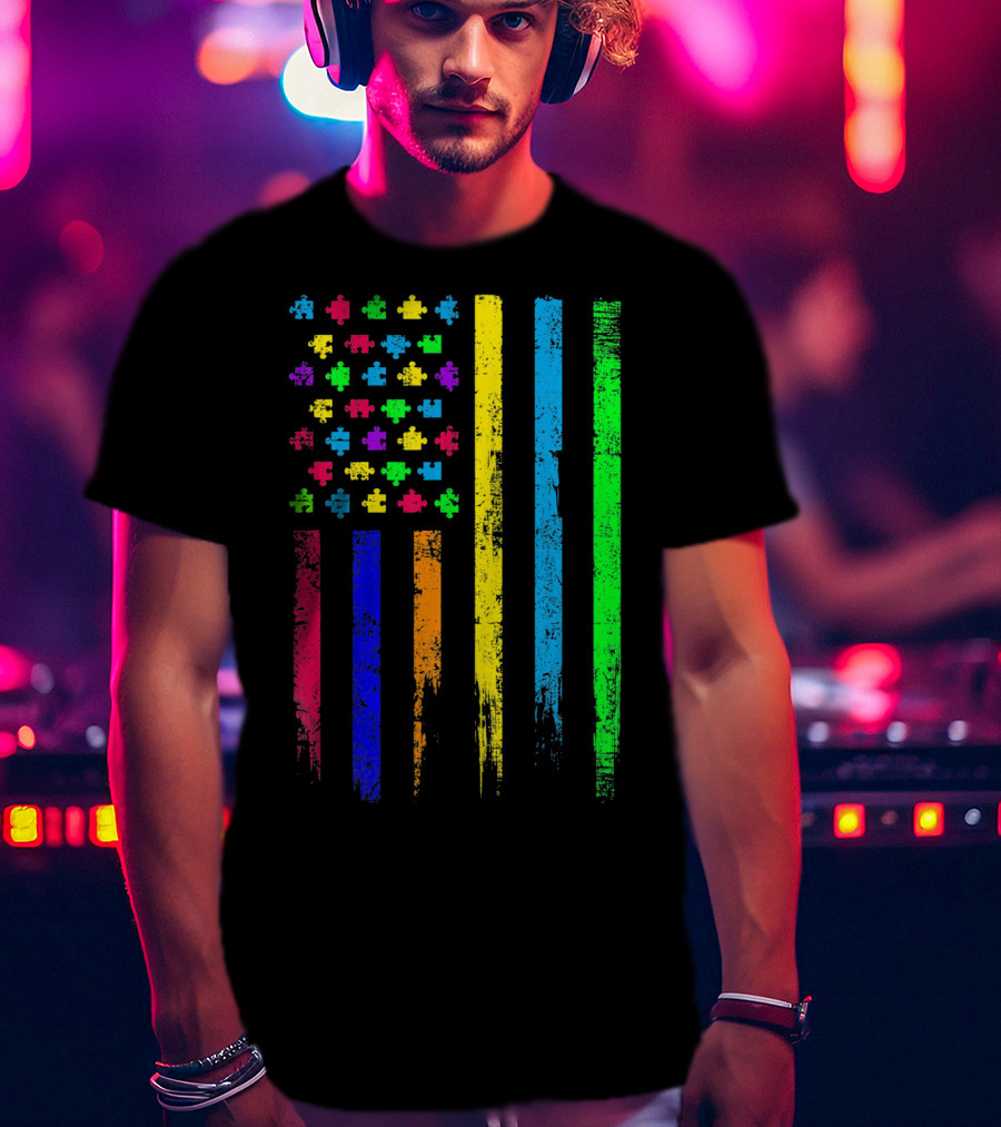 USA Flag Puzzle Pieces Rainbow Stripes T-Shirt