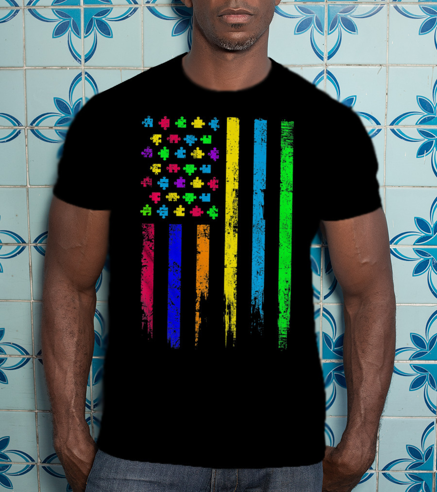 USA Flag Puzzle Pieces Rainbow Stripes T-Shirt