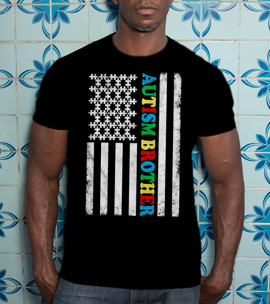 Autism Brother American Flag Puzzle Piece T-Shirt
