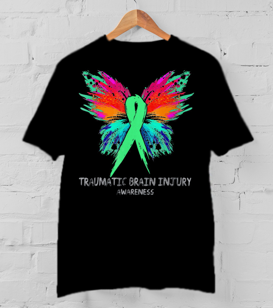 TRAUMATIC BRAIN INJURY Awareness Ribbon Colorful Butterfly T-Shirt