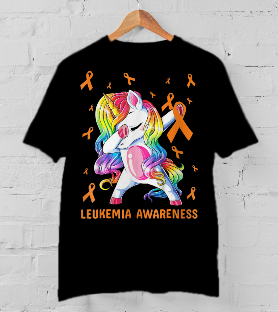 Rainbow Unicorn Dabbing Leukemia Awareness Orange T-Shirt