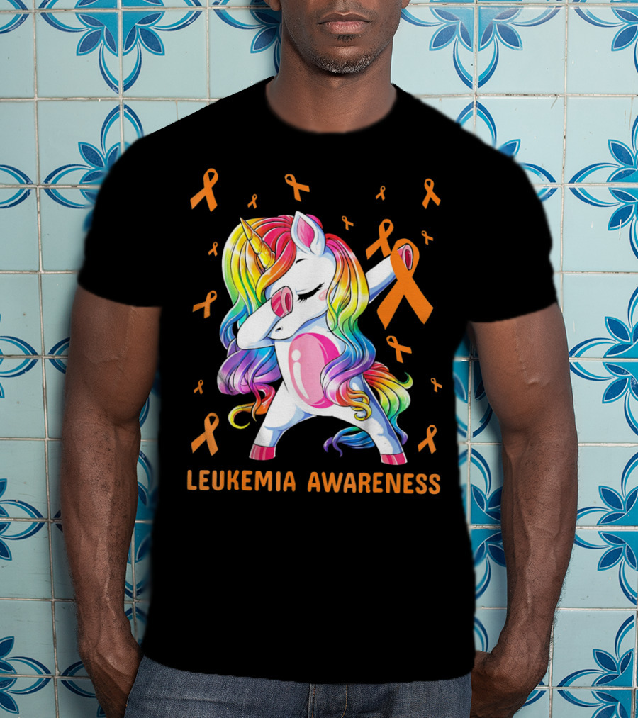 Rainbow Unicorn Dabbing Leukemia Awareness Orange T-Shirt