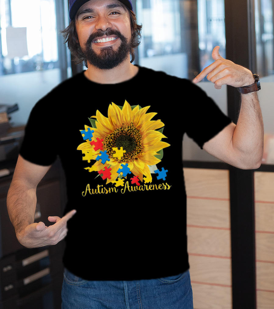 Autism Awareness Sunflower With Puzzle Pieces T-Shirt