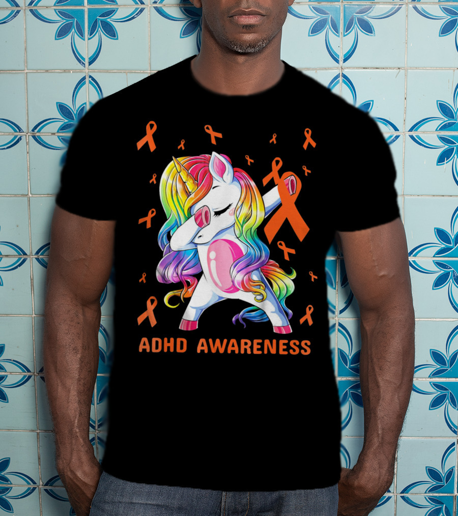 ADHD Awareness Dabbing Unicorn With Rainbow Mane And Orange Ribbons T-Shirt