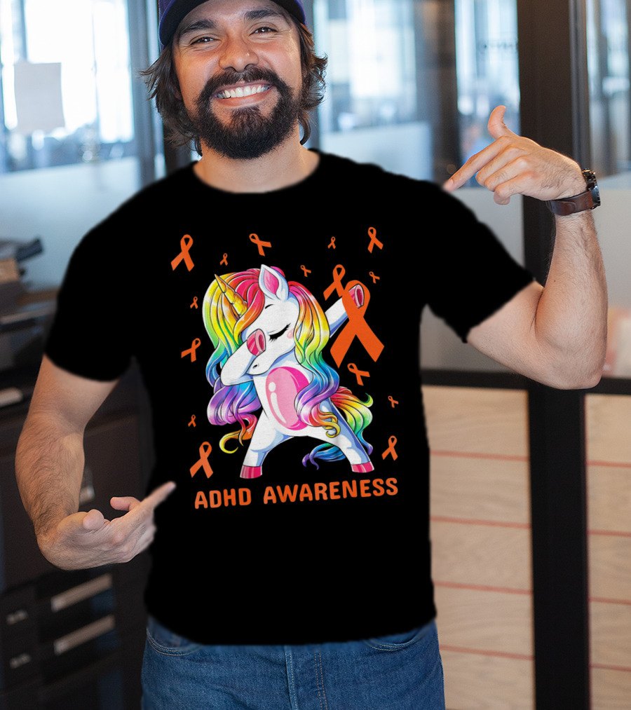 ADHD Awareness Dabbing Unicorn With Rainbow Mane And Orange Ribbons T-Shirt