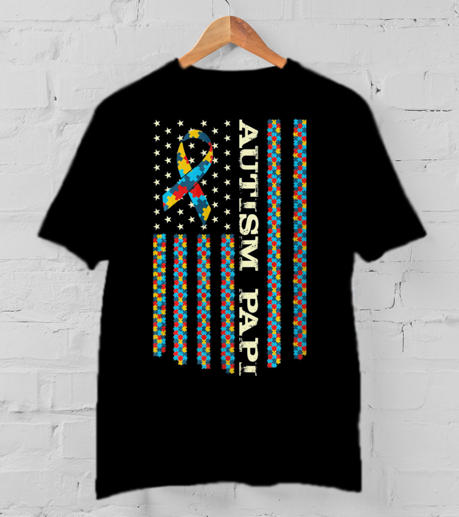Autism Awareness Proud Autism Papi With Puzzle Ribbon T-Shirt