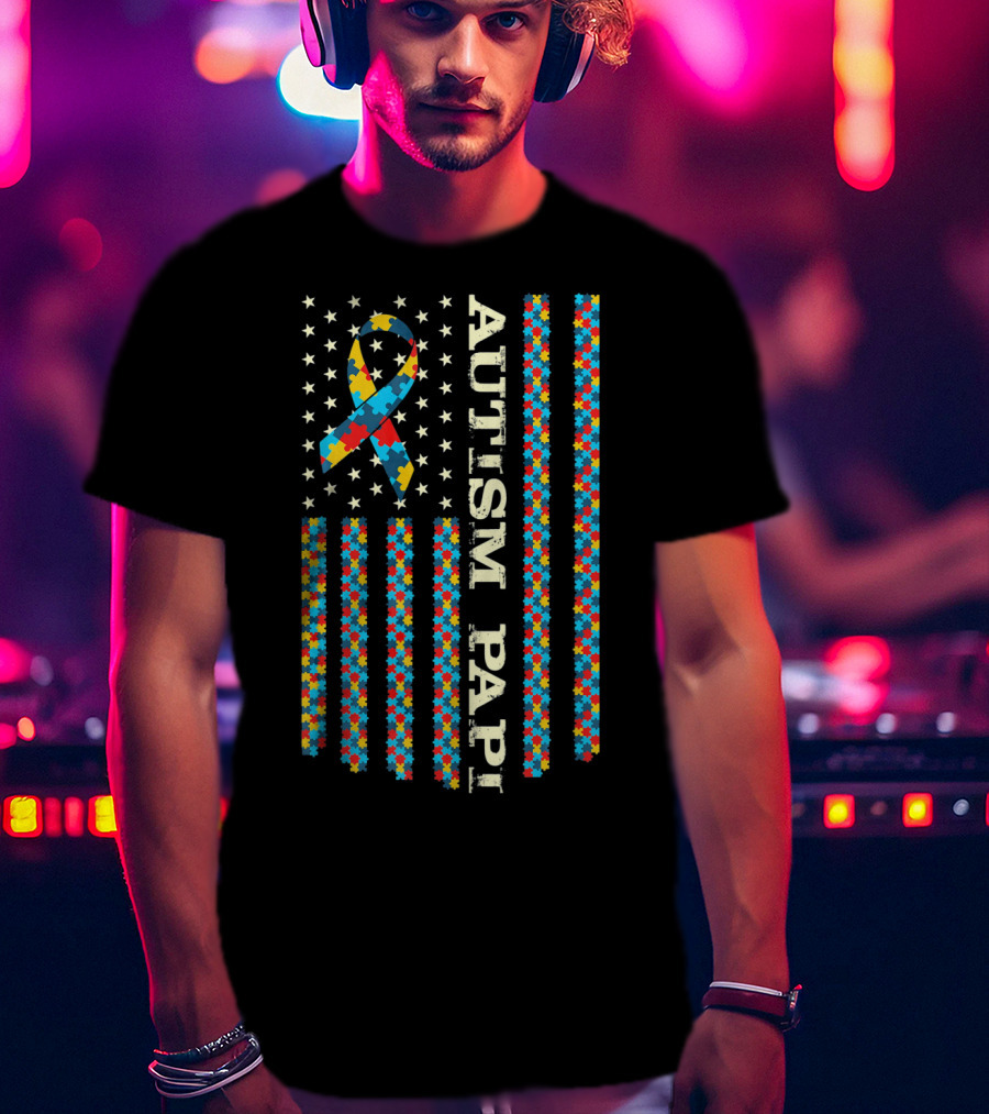 Autism Awareness Proud Autism Papi With Puzzle Ribbon T-Shirt