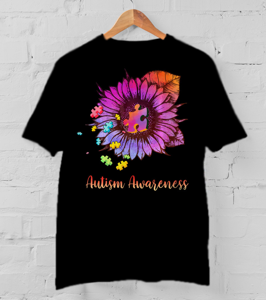 Autism Awareness Puzzle Ribbon Sunflower Hippie T-Shirt