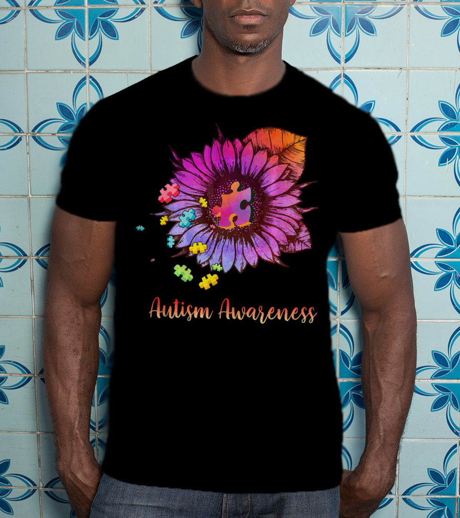 Autism Awareness Puzzle Ribbon Sunflower Hippie T-Shirt