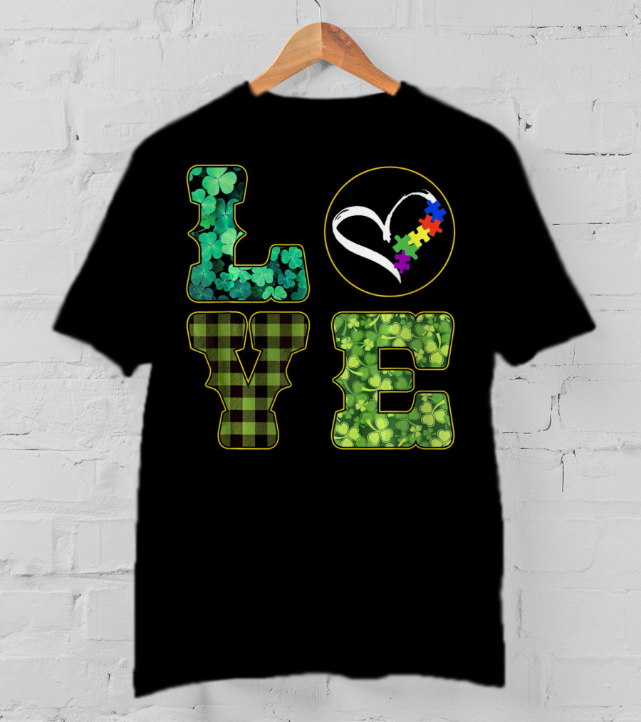 LOVE Shamrocks Plaid Heart Puzzle Autism Awareness St. Patrick's Day T-Shirt