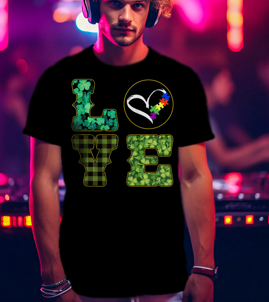 LOVE Shamrocks Plaid Heart Puzzle Autism Awareness St. Patrick's Day T-Shirt