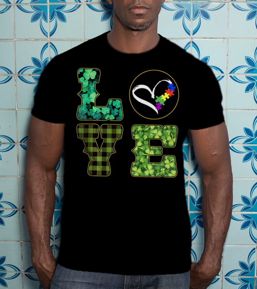 LOVE Shamrocks Plaid Heart Puzzle Autism Awareness St. Patrick's Day T-Shirt