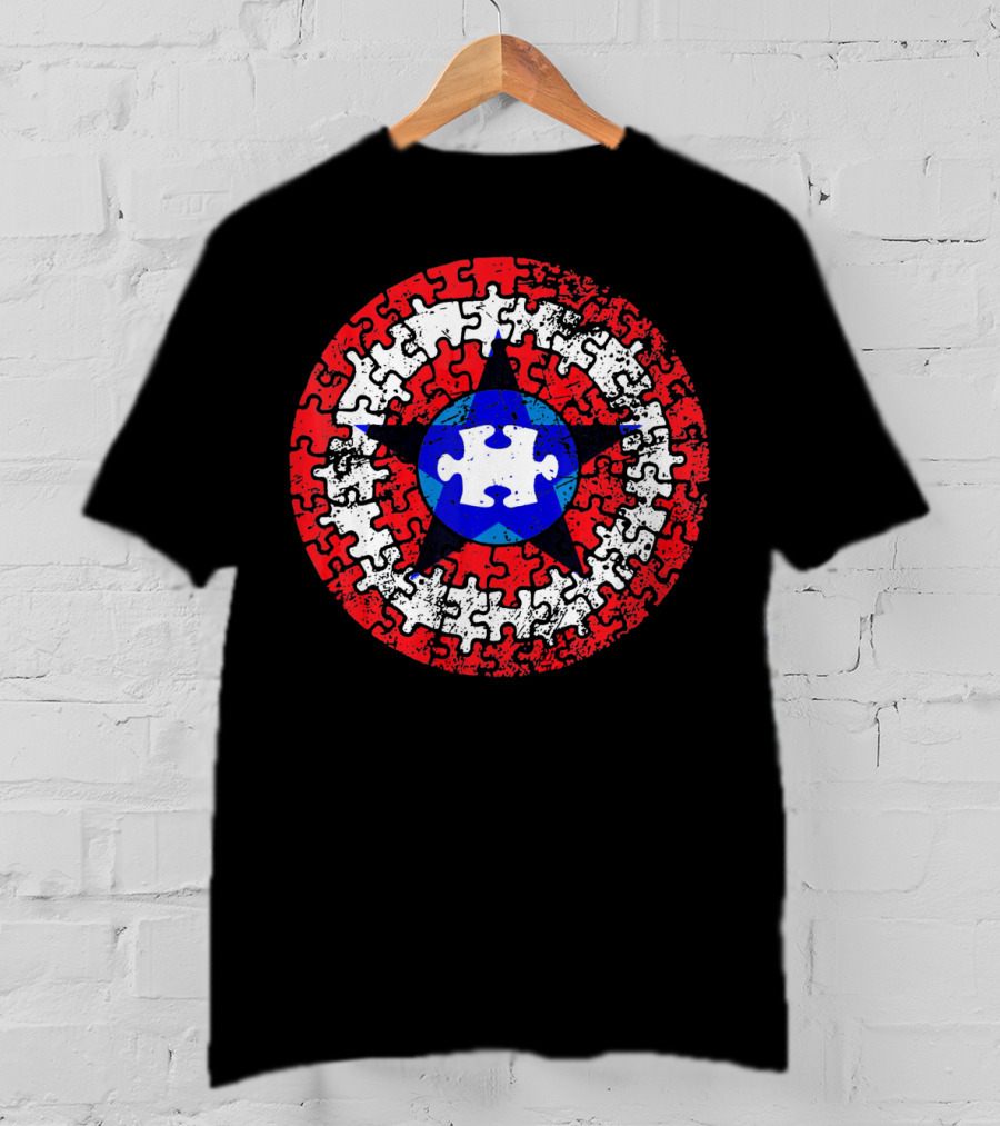 Captain Autism Superhero Shield Awareness Puzzle Star Emblem T-Shirt