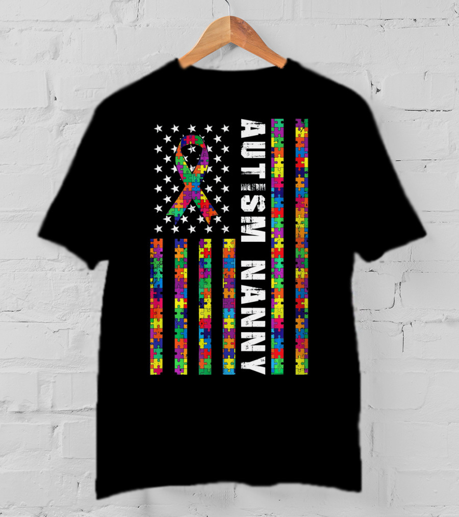 Autism Nanny Puzzle Flag With Rainbow Ribbon Autism T-Shirt