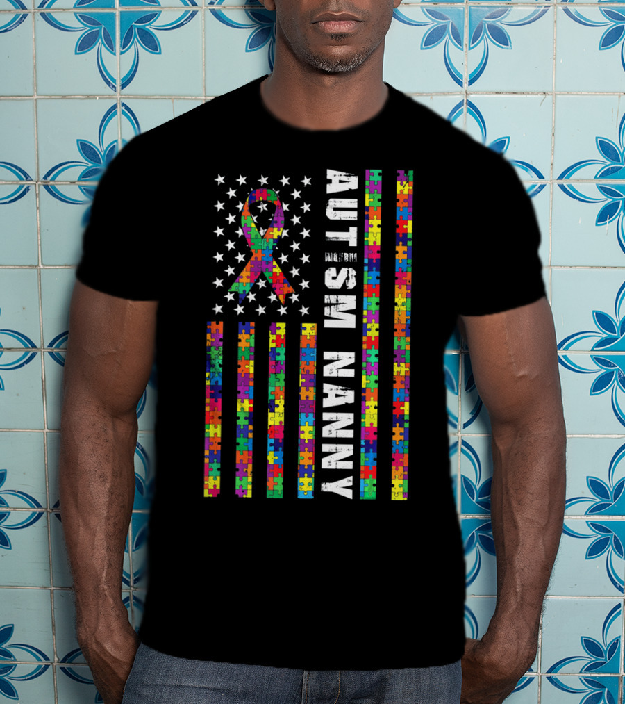 Autism Nanny Puzzle Flag With Rainbow Ribbon Autism T-Shirt
