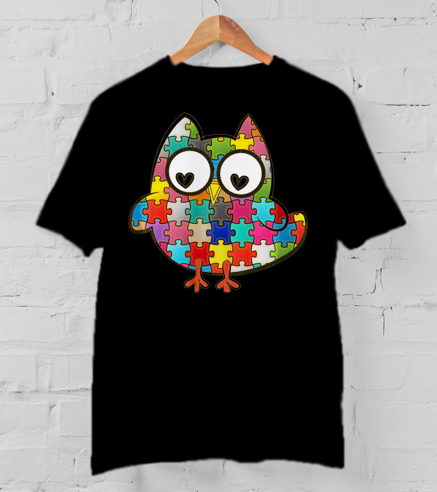 Autism Owl Puzzle Heart Eyes Autism Awareness Month T-Shirt
