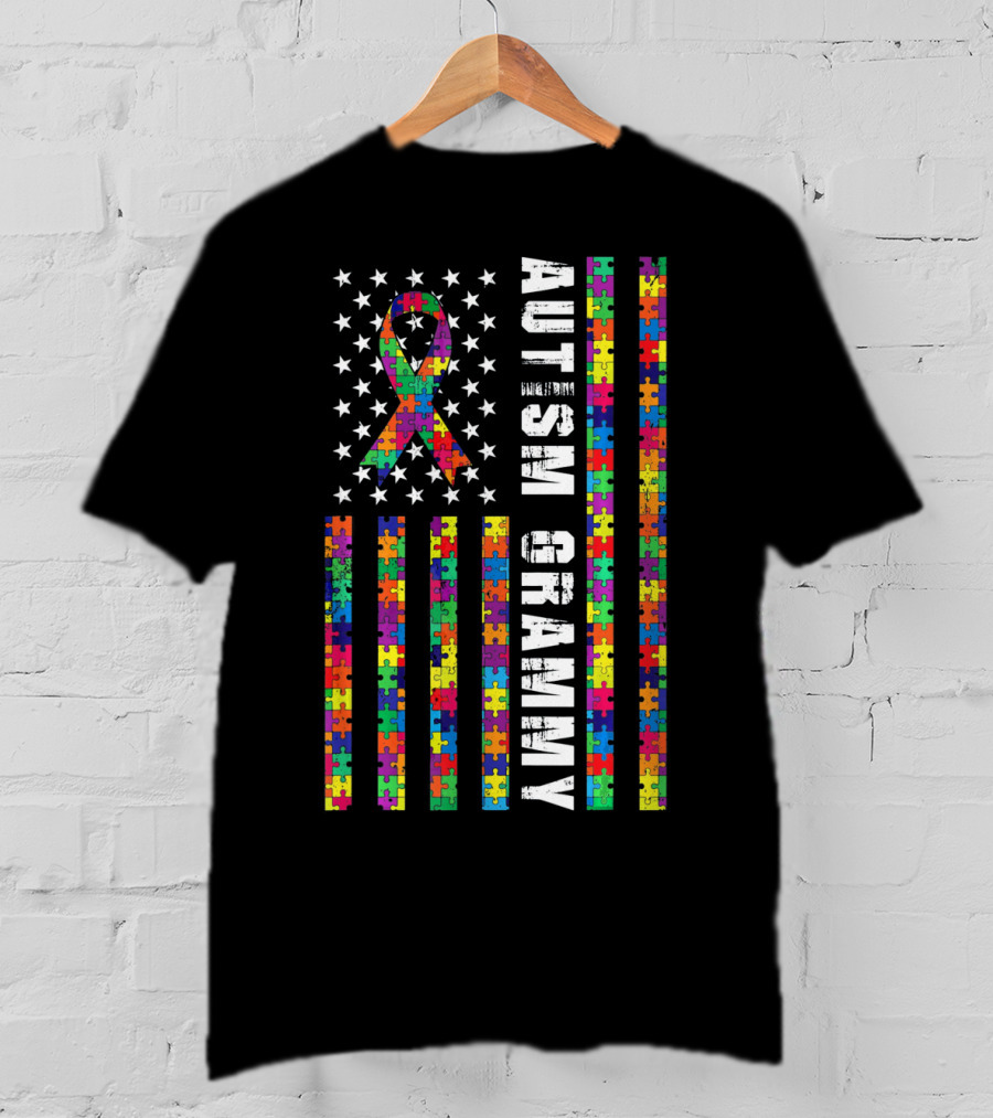 Autism Grammy American Flag With Puzzle T-Shirt