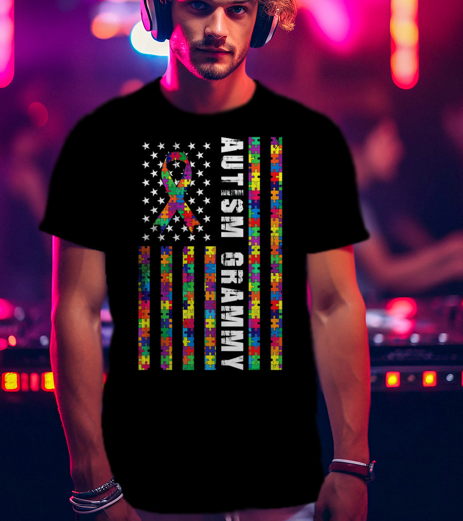 Autism Grammy American Flag With Puzzle T-Shirt