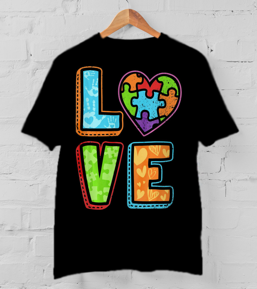 LOVE Heart Autism Awareness Puzzle Handprints T-Shirt