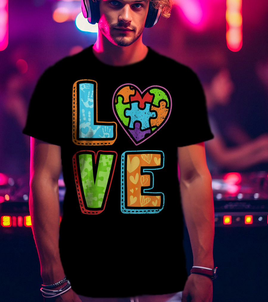 LOVE Heart Autism Awareness Puzzle Handprints T-Shirt