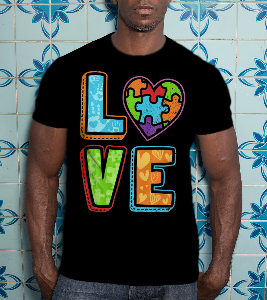 LOVE Heart Autism Awareness Puzzle Handprints T-Shirt