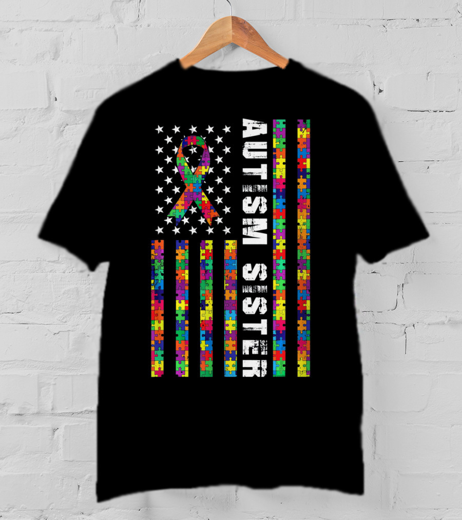 Autism Sister American Flag Puzzle Ribbon Autism Awareness T-Shirt