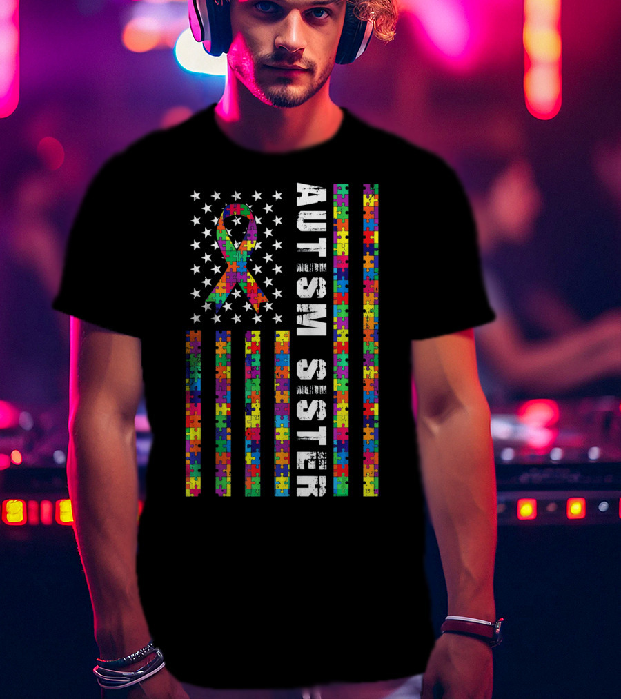 Autism Sister American Flag Puzzle Ribbon Autism Awareness T-Shirt