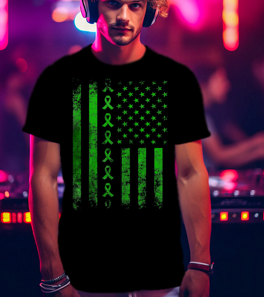 Green Ribbon US Flag Cerebral Palsy Awareness T-Shirt