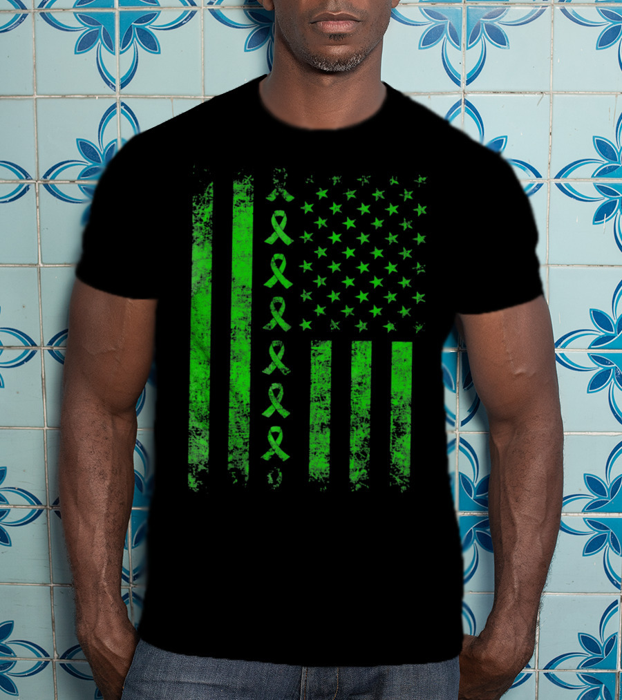 Green Ribbon US Flag Cerebral Palsy Awareness T-Shirt