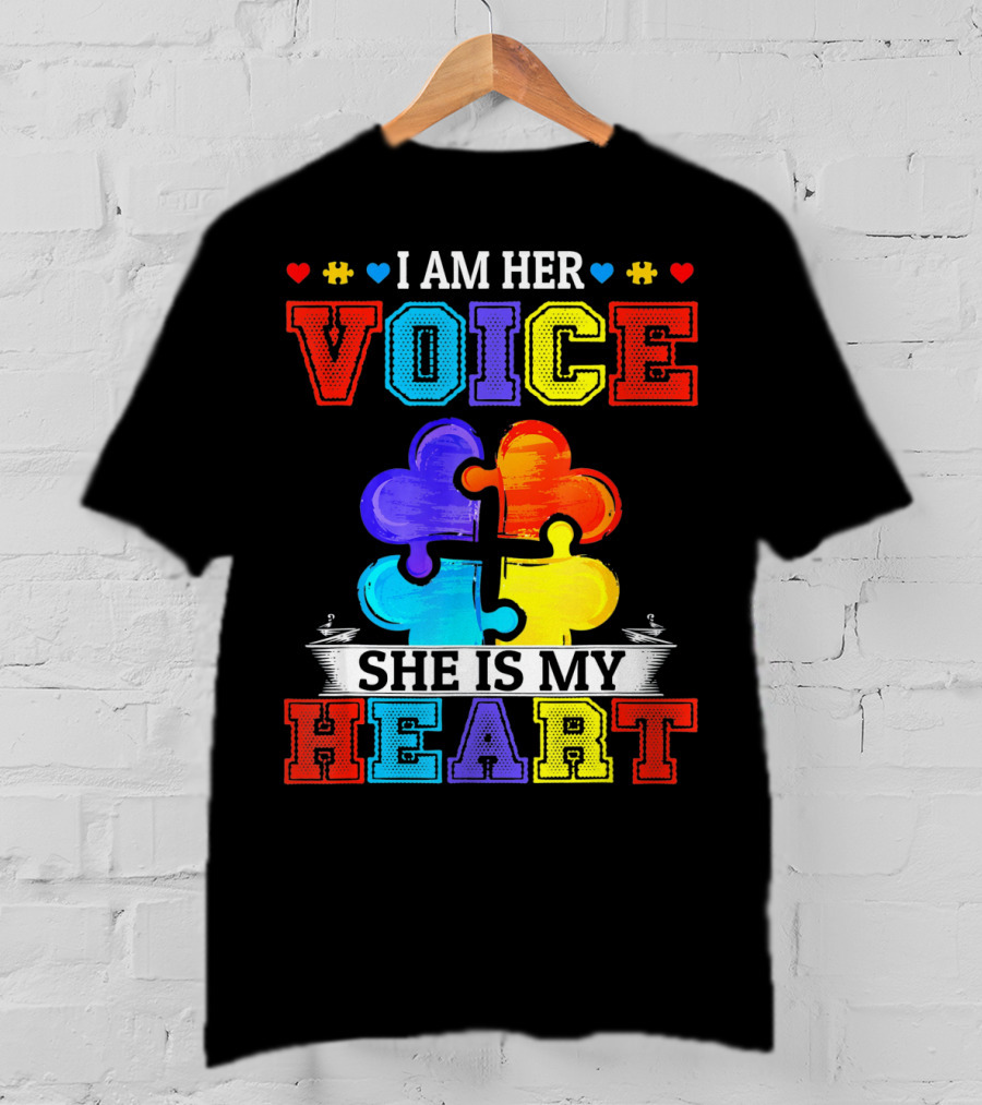 I Am Her Voice She Is My Heart Autism Puzzle Pieces T-Shirt