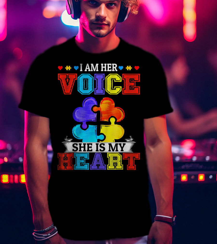 I Am Her Voice She Is My Heart Autism Puzzle Pieces T-Shirt