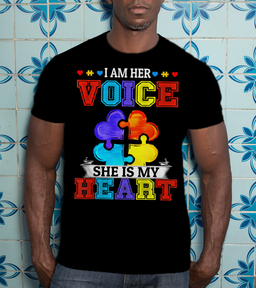 I Am Her Voice She Is My Heart Autism Puzzle Pieces T-Shirt