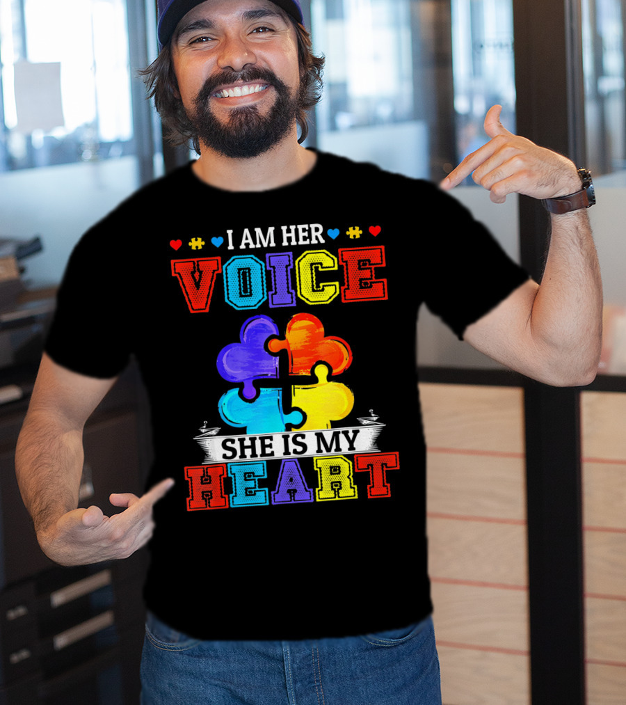 I Am Her Voice She Is My Heart Autism Puzzle Pieces T-Shirt