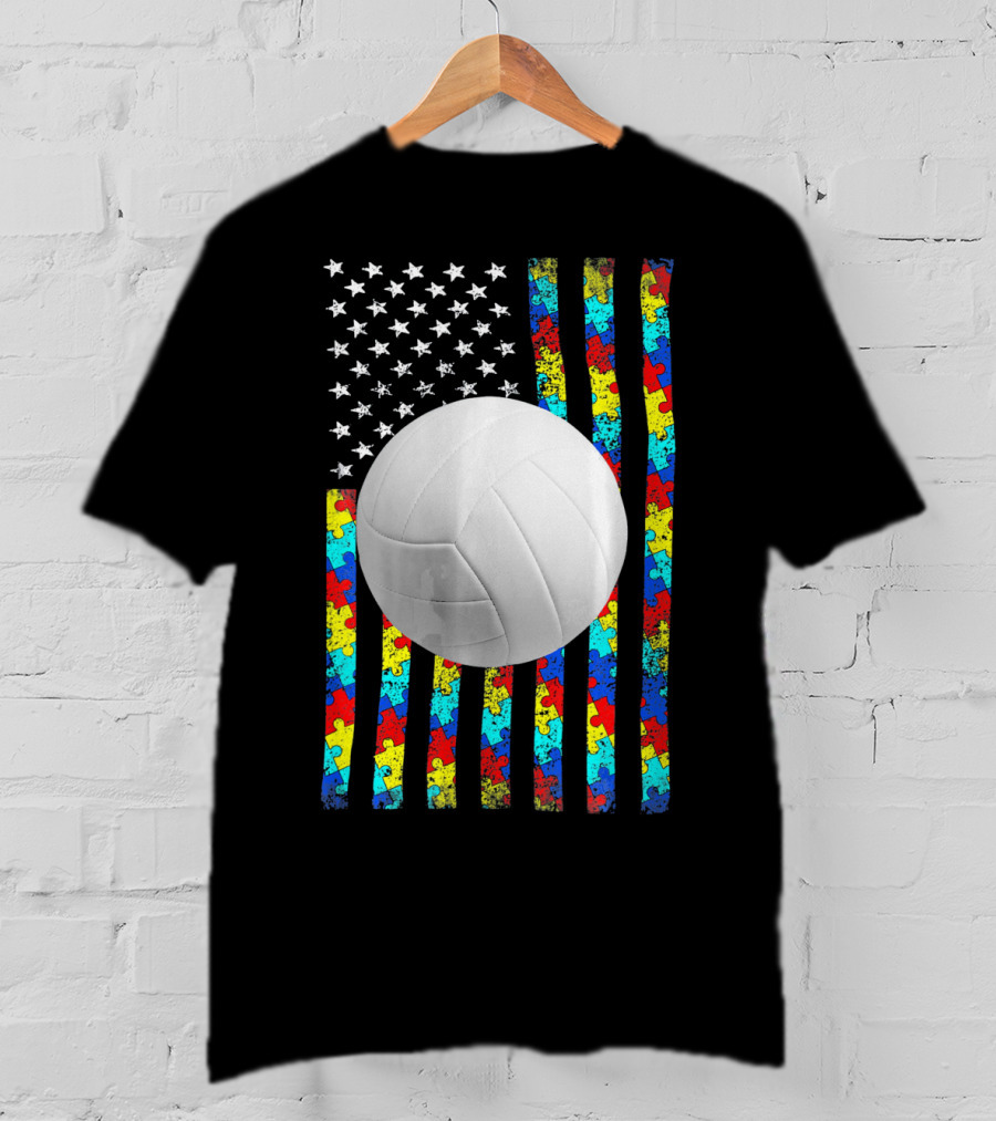Autism Awareness Puzzle Flag Volleyball American Flag T-Shirt