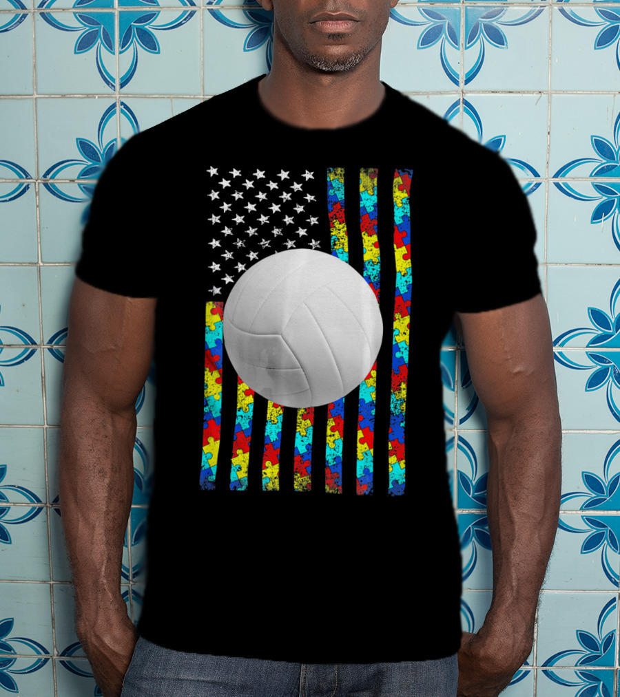 Autism Awareness Puzzle Flag Volleyball American Flag T-Shirt