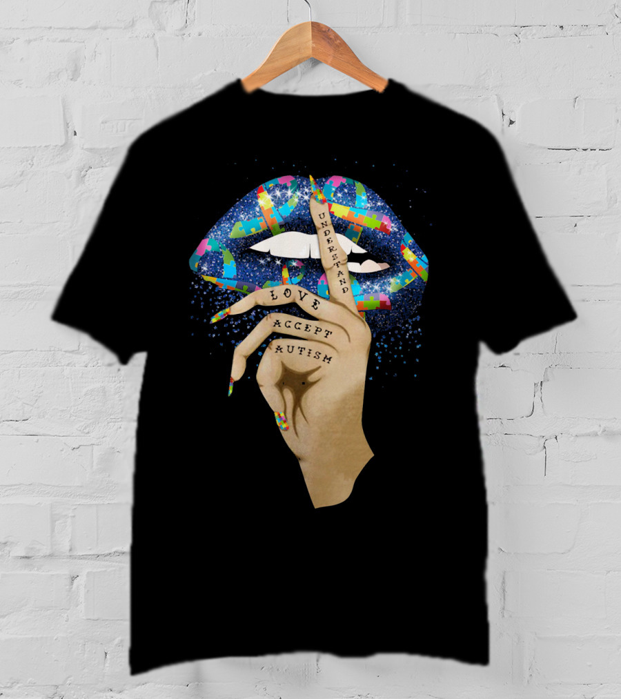 Love Understand Accept Autism Finger On Lips With Puzzle T-Shirt