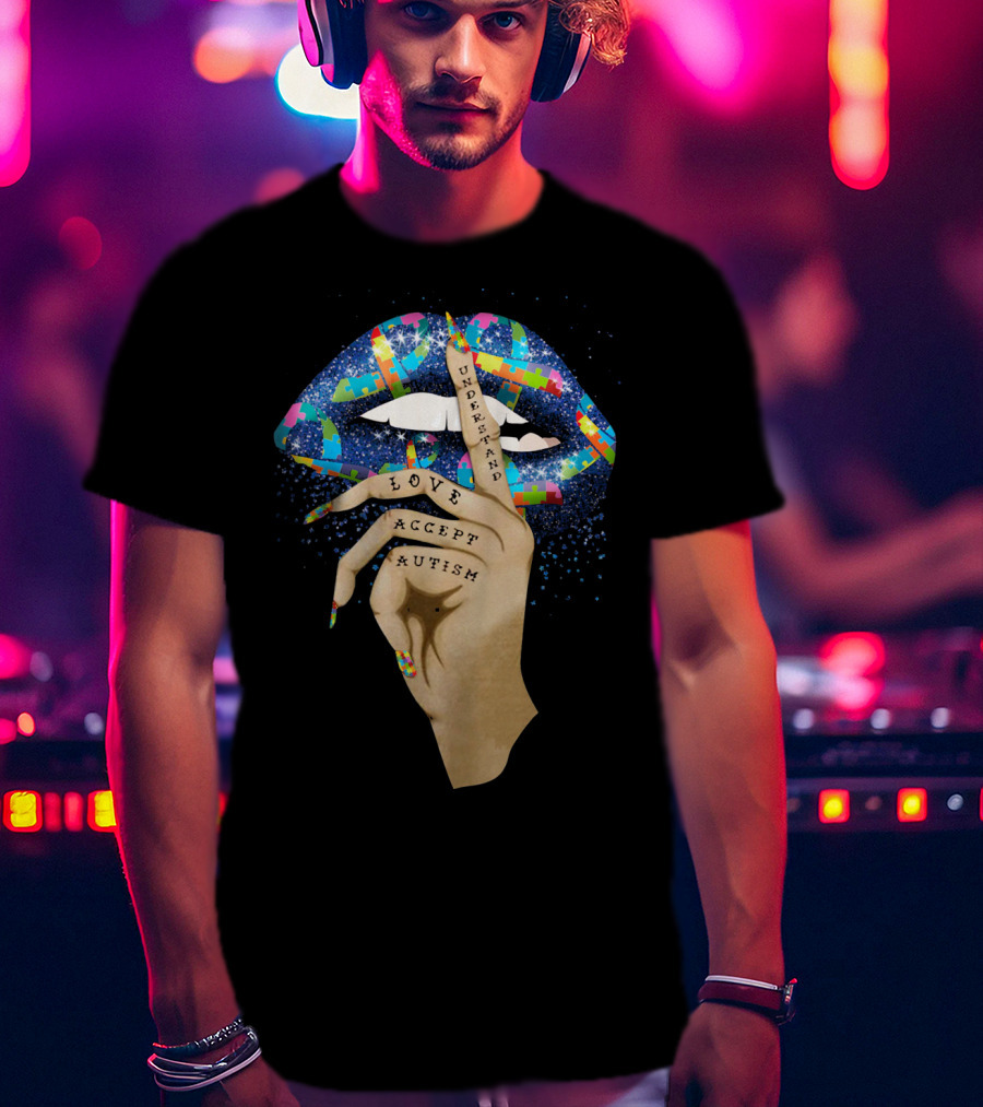 Love Understand Accept Autism Finger On Lips With Puzzle T-Shirt