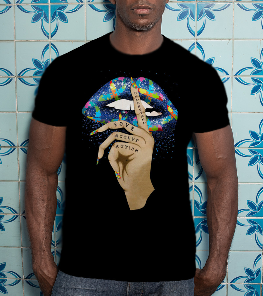 Love Understand Accept Autism Finger On Lips With Puzzle T-Shirt
