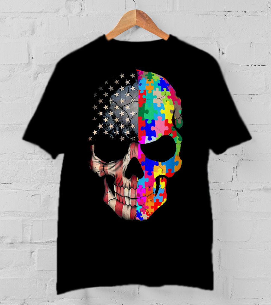 American Flag Autism Awareness Skull Puzzle Pieces Sku T-Shirt