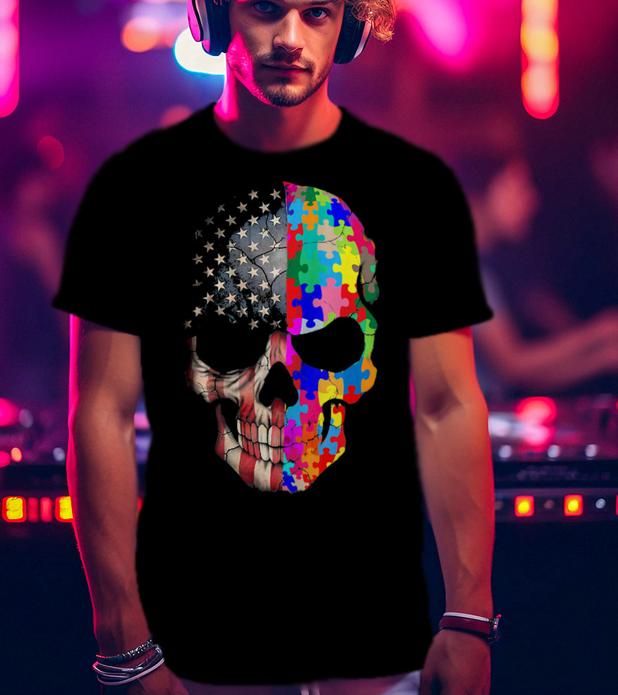 American Flag Autism Awareness Skull Puzzle Pieces Sku T-Shirt