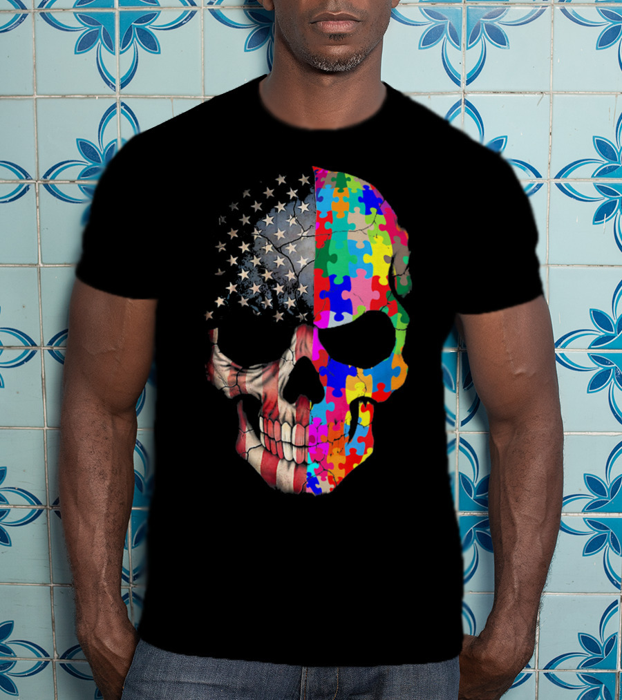 American Flag Autism Awareness Skull Puzzle Pieces Sku T-Shirt