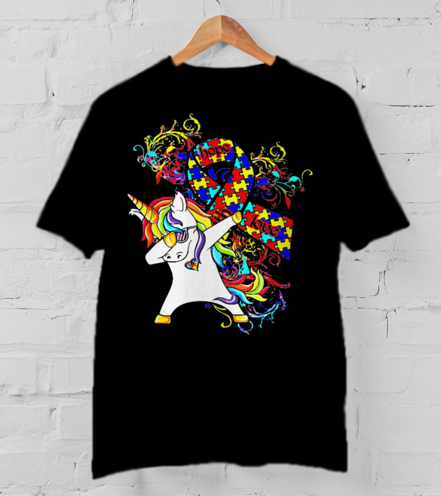 Unicorn Dabbing Hope Love Autism Awareness Puzzle T-Shirt