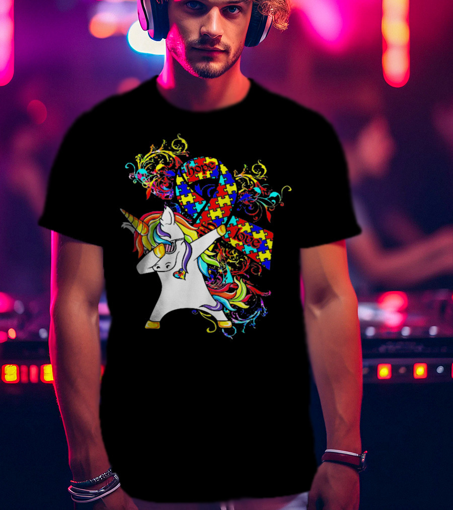 Unicorn Dabbing Hope Love Autism Awareness Puzzle T-Shirt