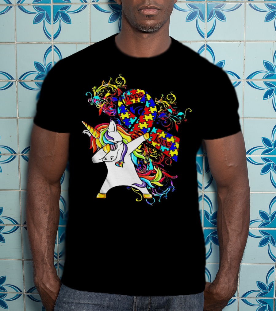 Unicorn Dabbing Hope Love Autism Awareness Puzzle T-Shirt