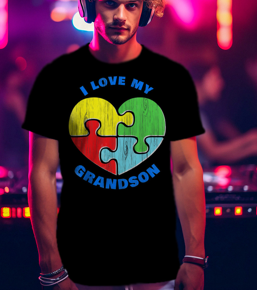 I Love My Grandson Puzzle Heart Autism Support T-Shirt