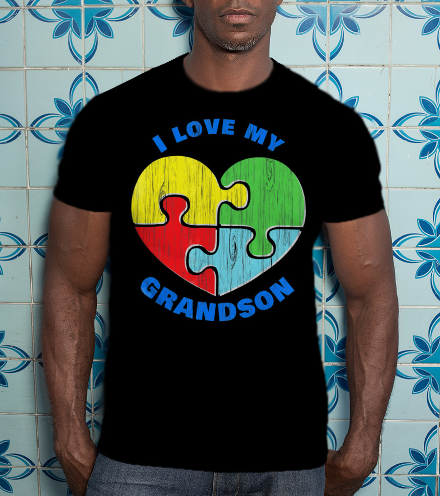 I Love My Grandson Puzzle Heart Autism Support T-Shirt