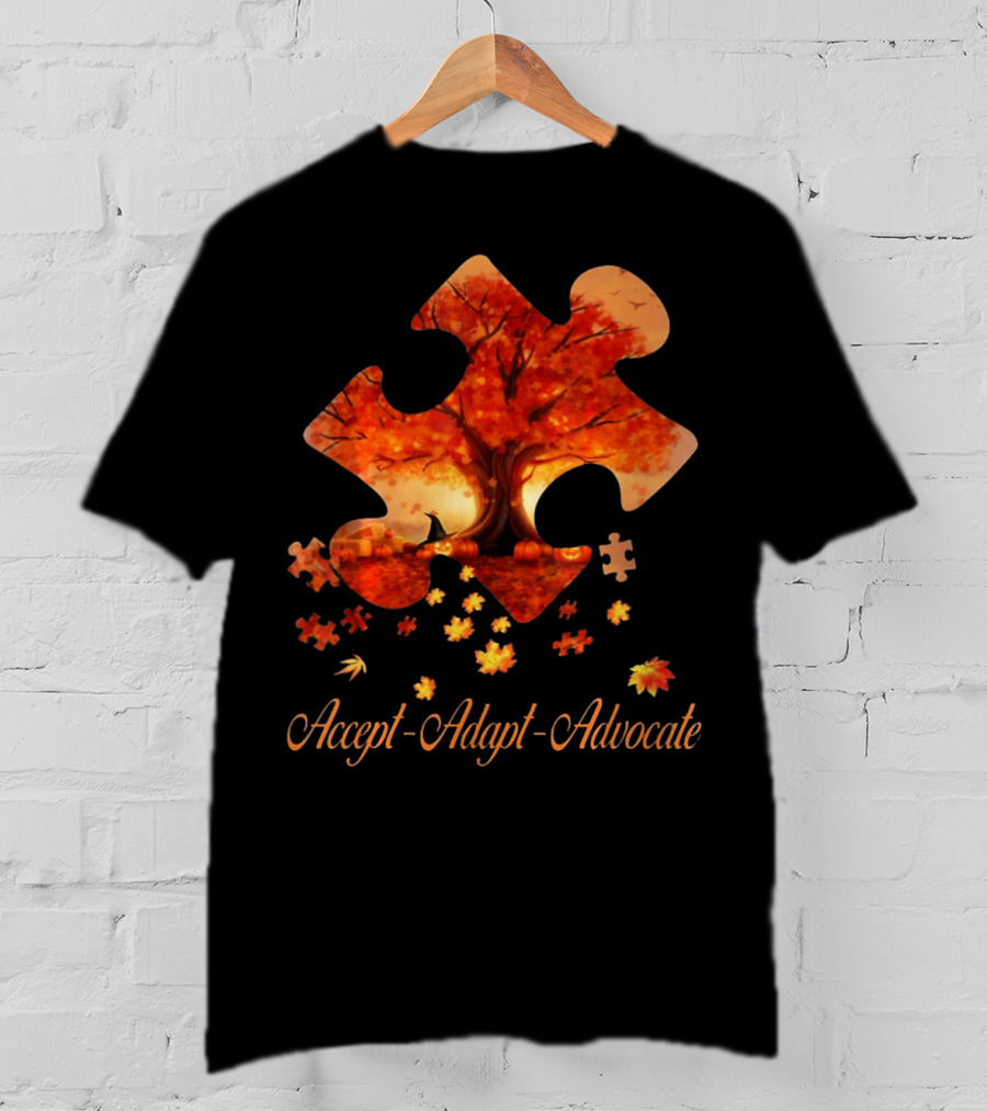 Accept Adapt Advocate Puzzle Autumn Leaves Autism Awareness T-Shirt