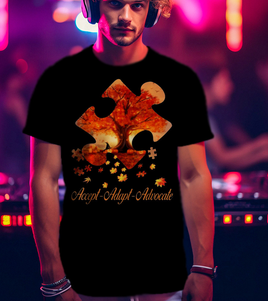 Accept Adapt Advocate Puzzle Autumn Leaves Autism Awareness T-Shirt