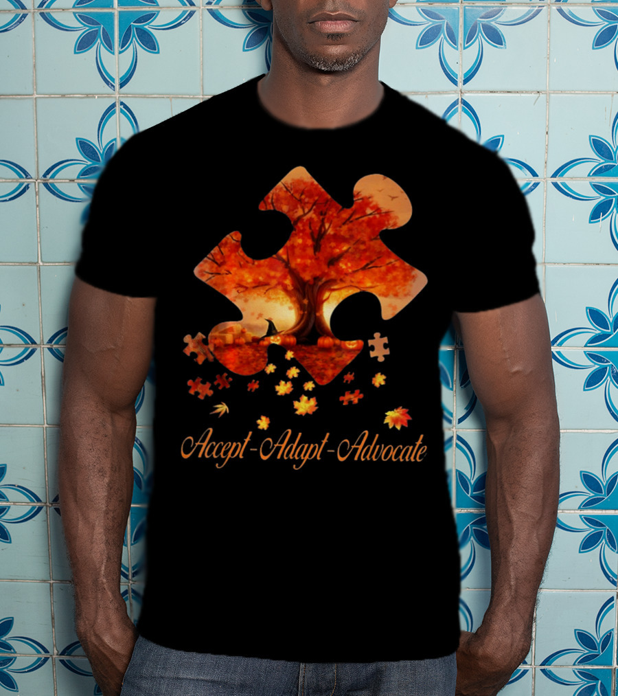 Accept Adapt Advocate Puzzle Autumn Leaves Autism Awareness T-Shirt